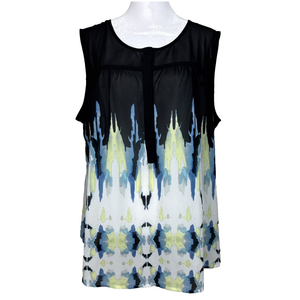 Rose and Olive Sleeveless Blouse Top Womens 1X Watercolor Abstract Sheer‎ Boho